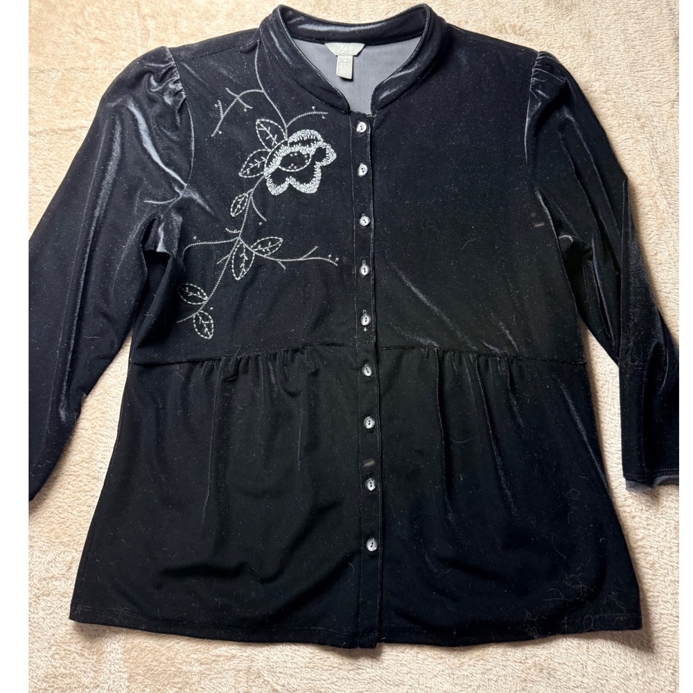 J.Jill Black Velour Embroidered Floral Babydoll Top‎ Med Whimsigoth Witchyglam